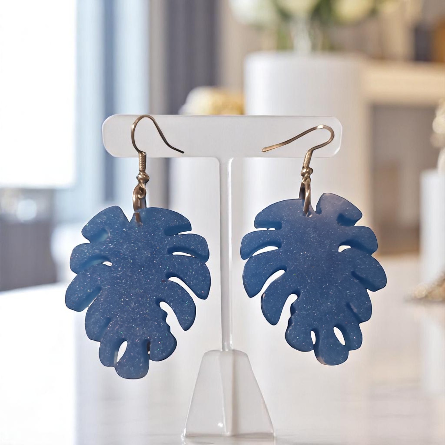Boucles D'oreilles - Feuille Bleu – Image 2