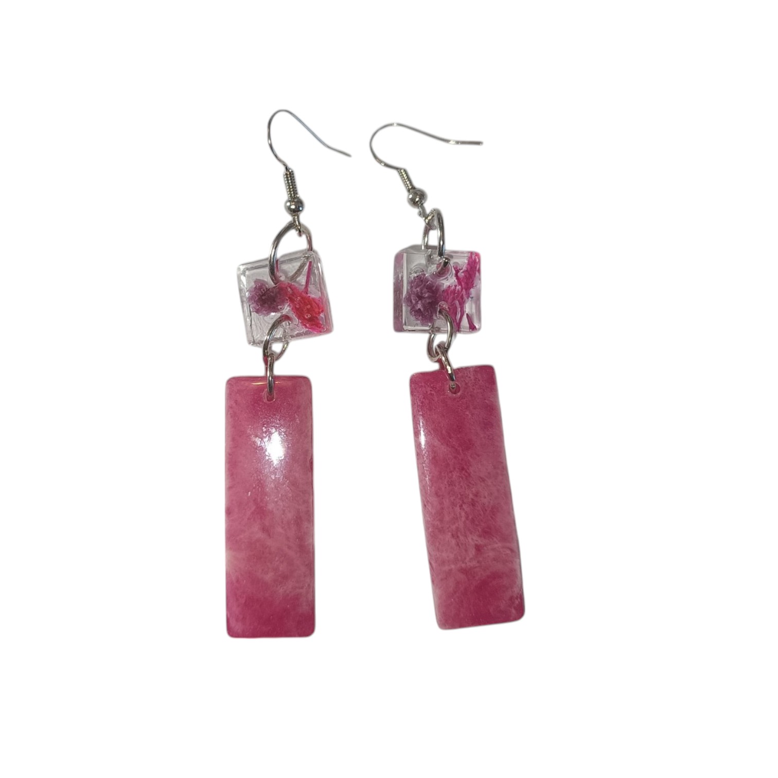 Boucles D'Oreilles - Carré Fleurs séchées rectangle rose
