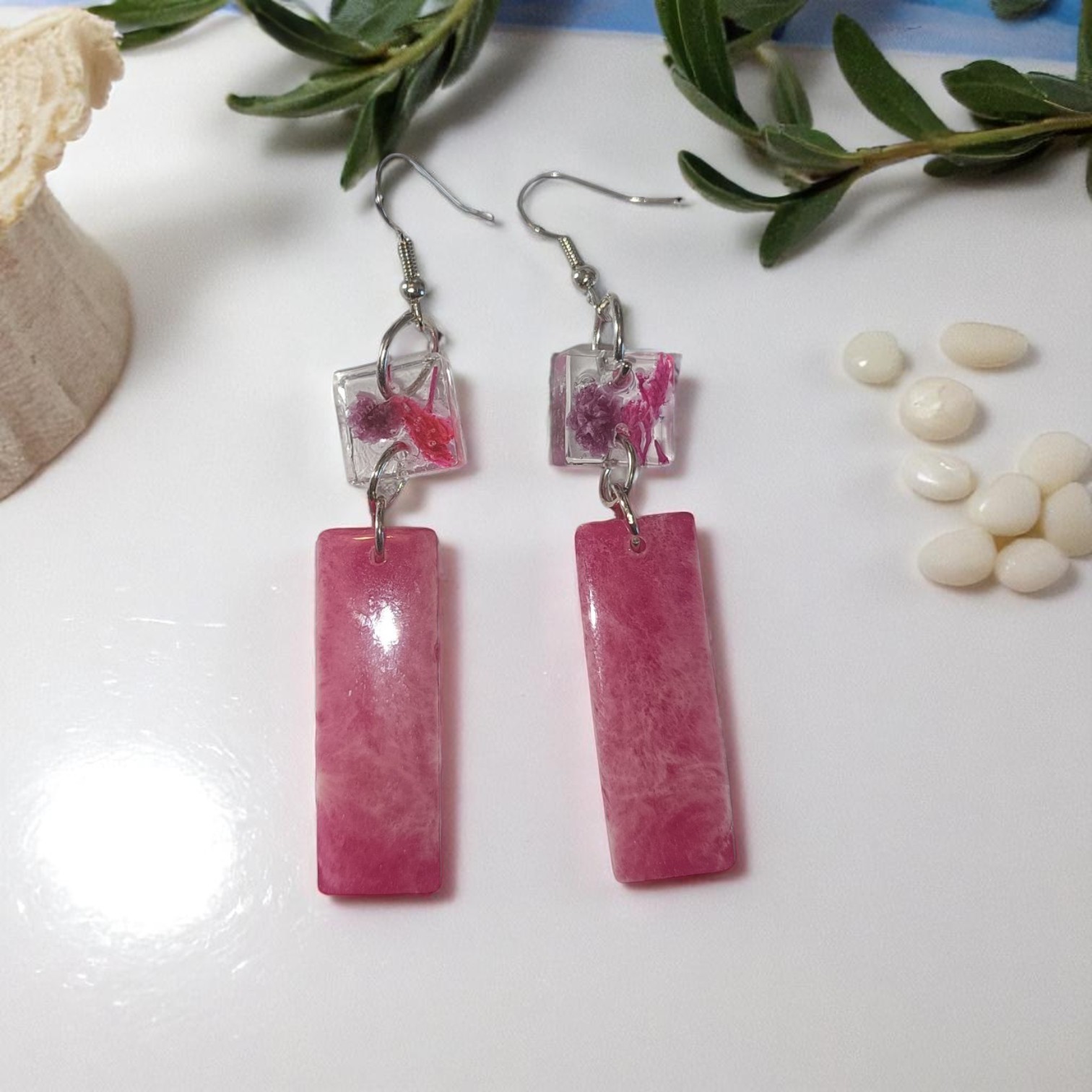 Boucles D'Oreilles - Carré Fleurs séchées rectangle rose – Image 3