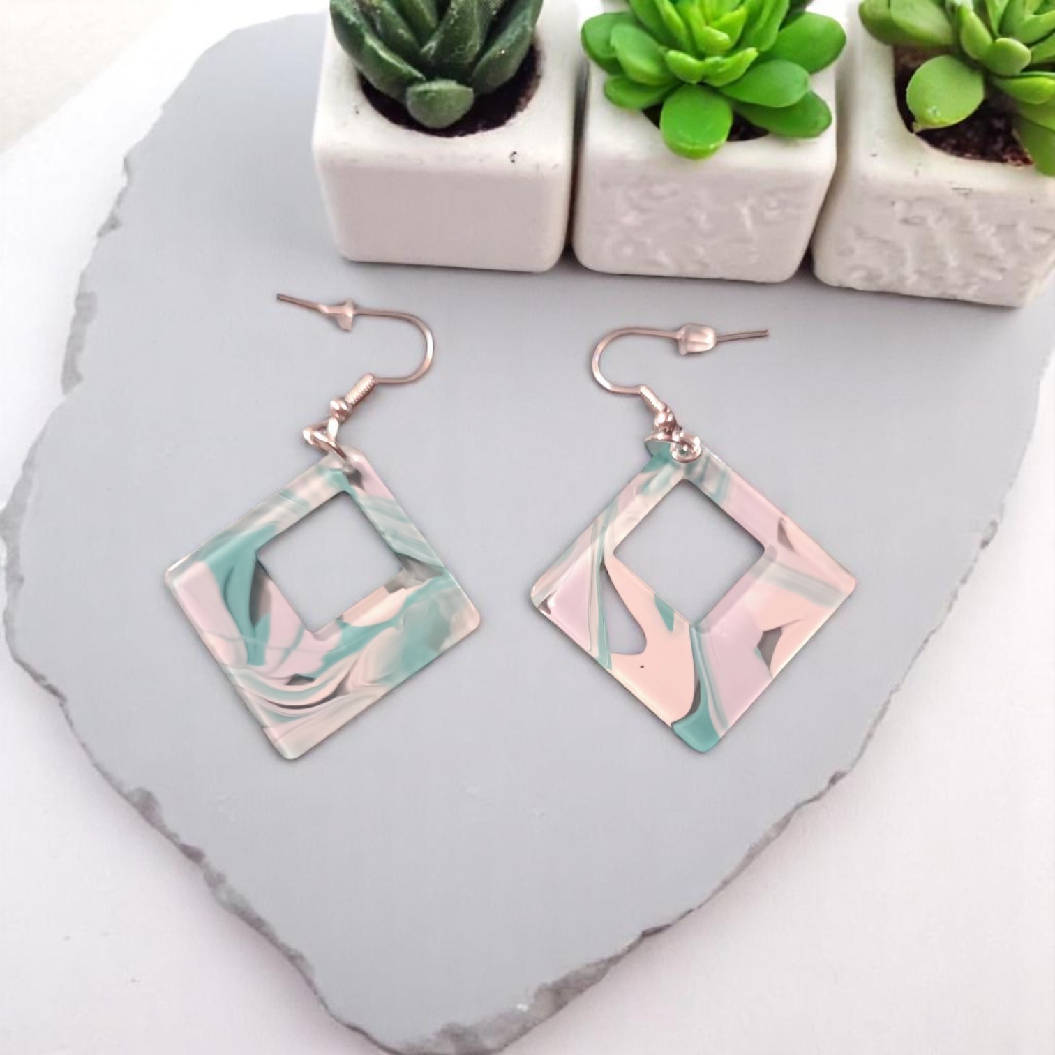 Boucles D'Oreilles - Vert Marbré – Image 3