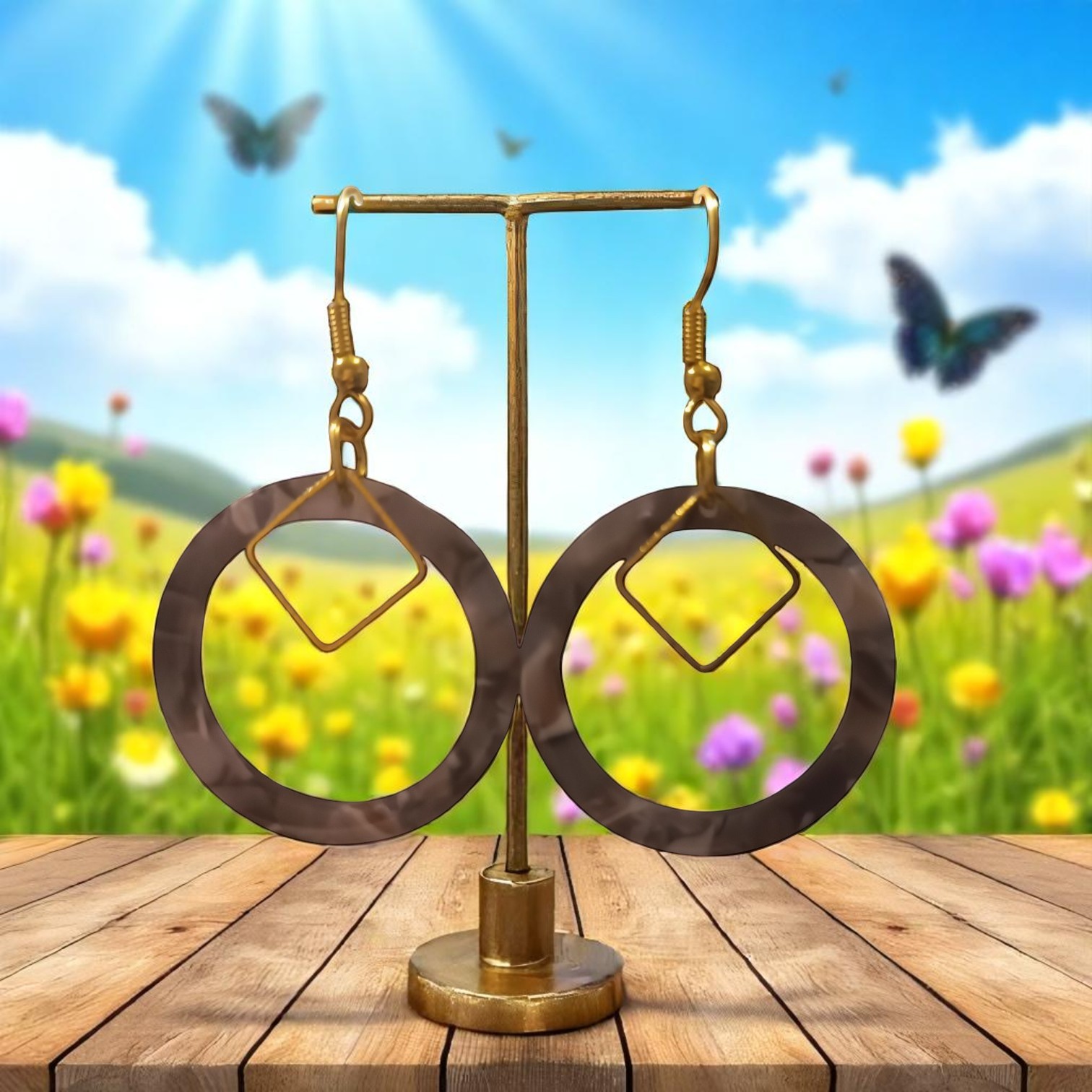 Boucles D'Oreilles - Anneaux et Carré Doré – Image 3