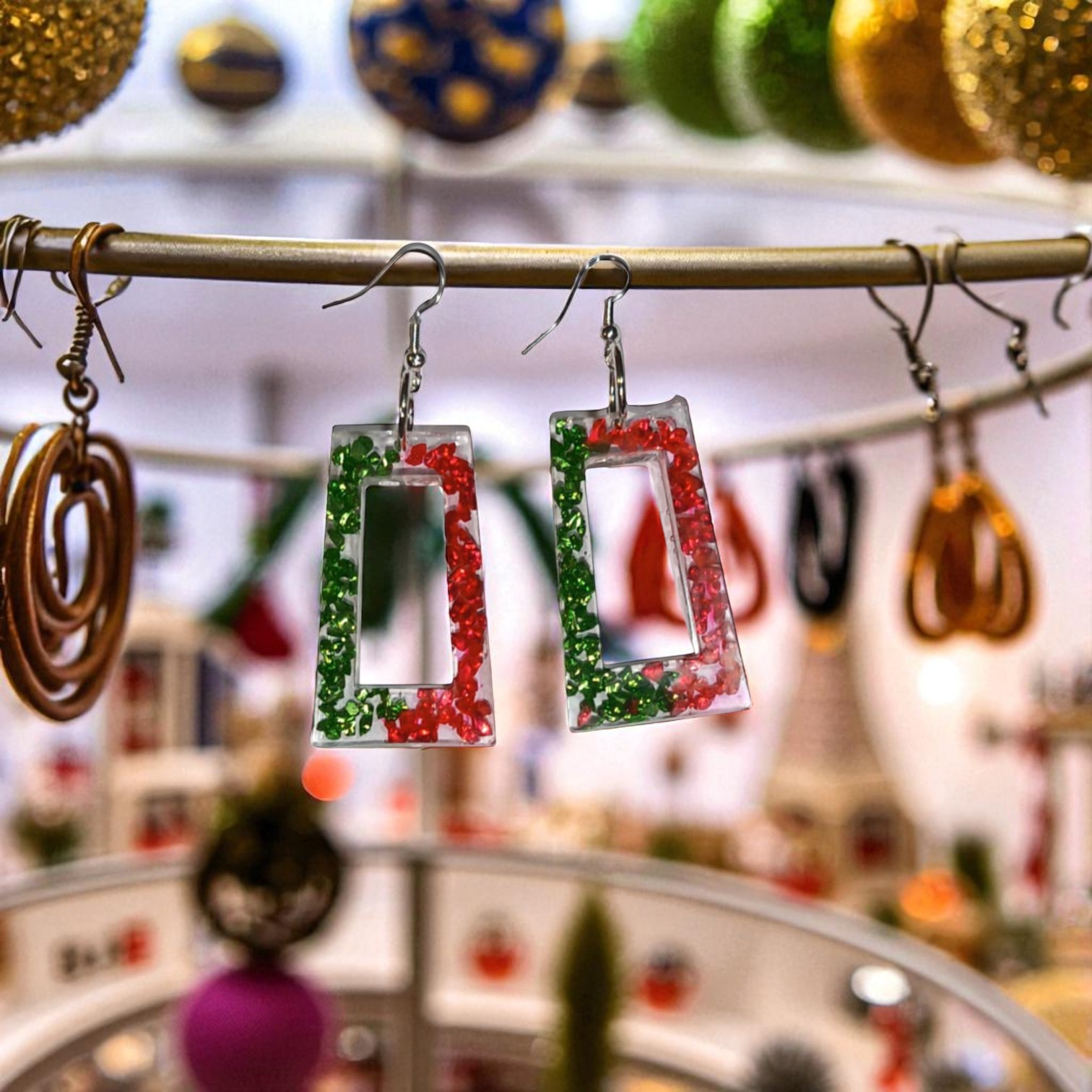 Boucles D'Oreilles - Rectangle - Rouge et Verte – Image 3