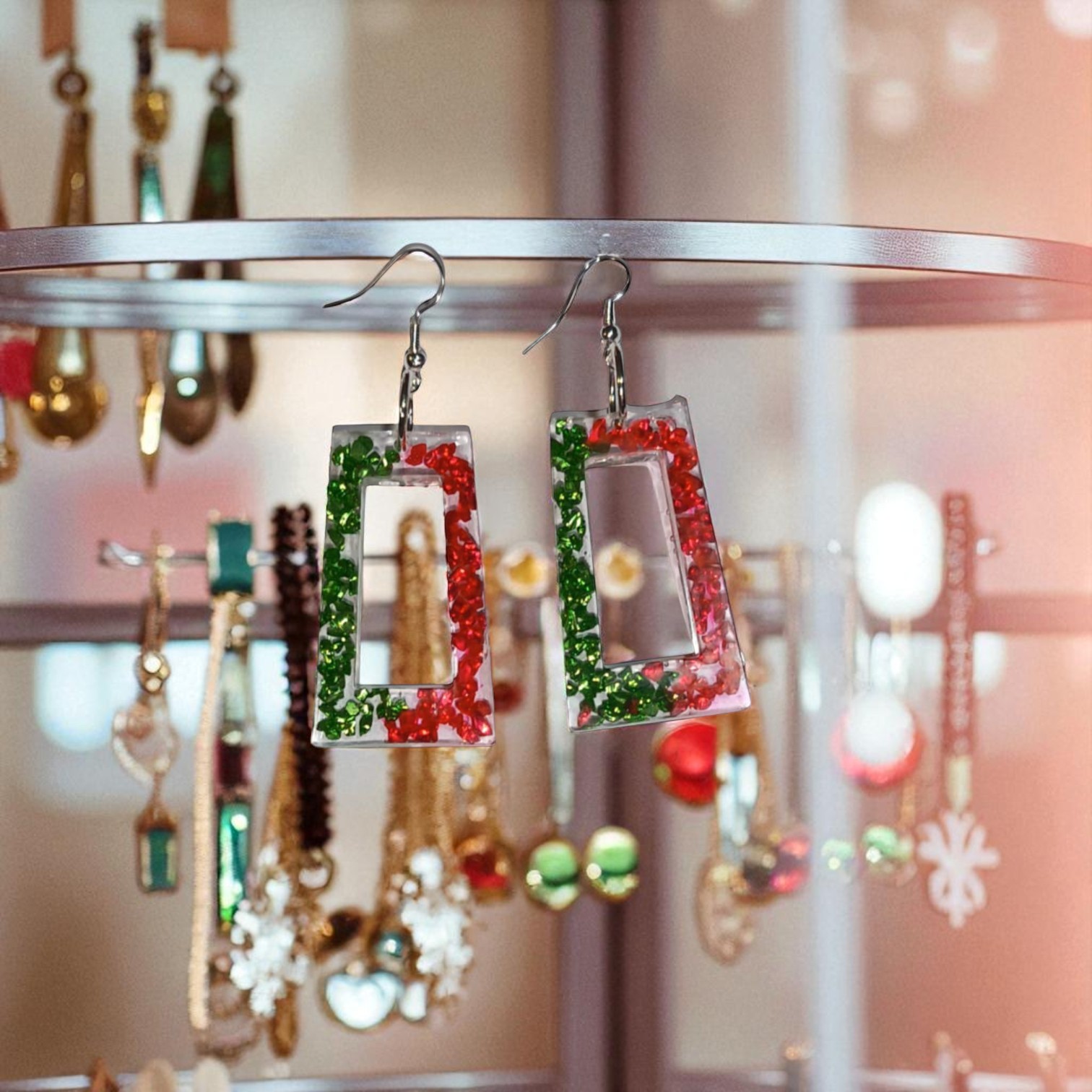 Boucles D'Oreilles - Rectangle - Rouge et Verte – Image 2